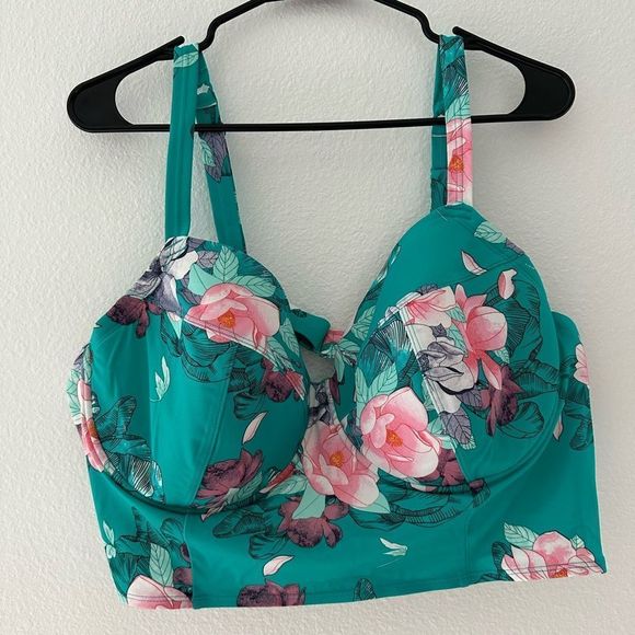 Torrid Aqua Floral Underwire Bikini Top Teal Green Size 5R Convertible Strap - Picture 3 of 8